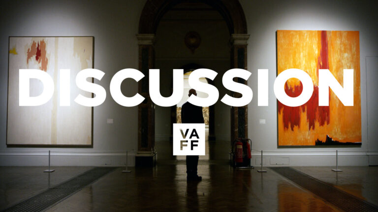 Art gallery discussion featuring abstract paintings; text overlay reads "DISCUSSION VAFF