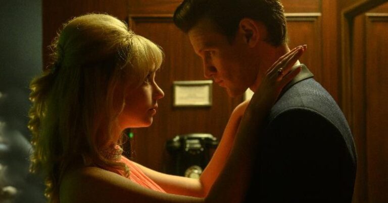 Scene from "Last Night in Soho" featuring Anya Taylor-Joy and Matt Smith in a tense embrace.