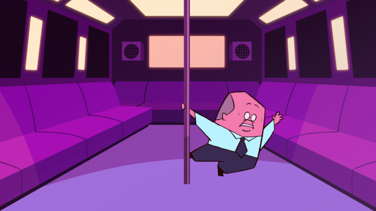 Cartoon man in a suit awkwardly clinging to a pole in a futuristic train, embodying the "Life of the Party.