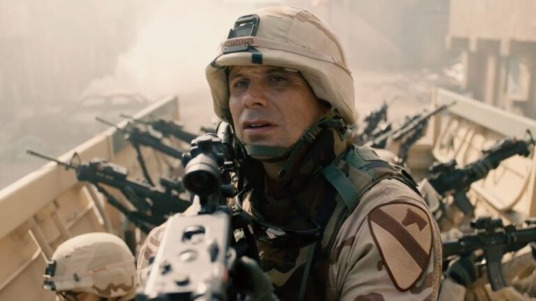 Scene from "The Long Road Home" featuring a soldier in combat gear.