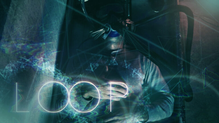 Man in a machine connected to wires, with "LOOP" text overlay. Sci-fi concept.