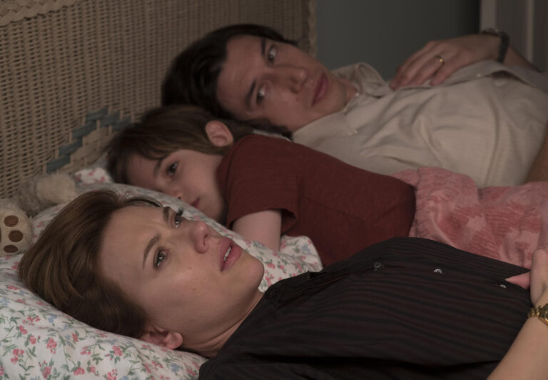 Adam Driver, Scarlett Johansson, and child actor in a scene from "Marriage Story.