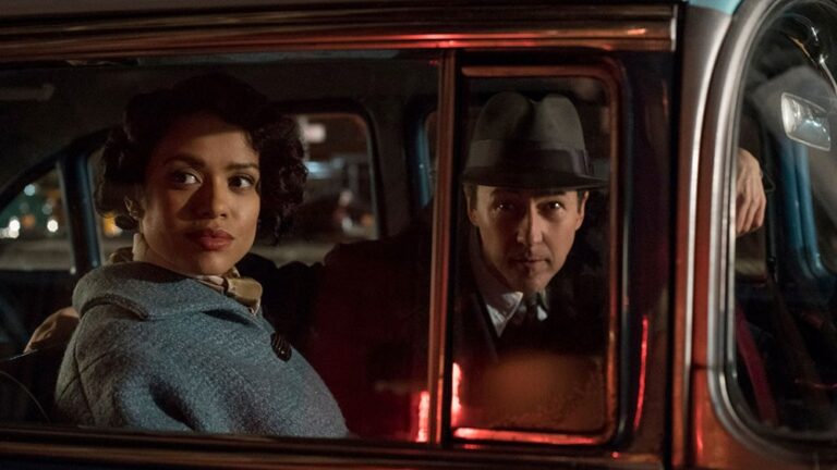 Gugu Mbatha-Raw and Edward Norton in "Motherless Brooklyn" car scene.