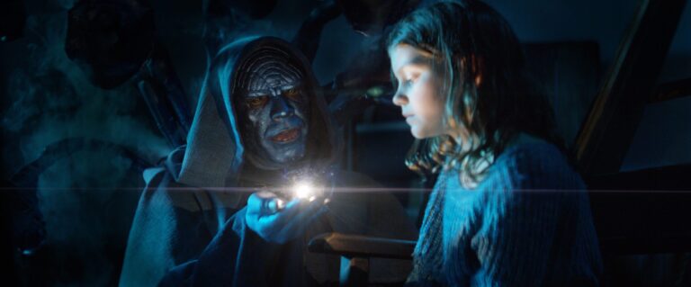 Ethereal figure offers glowing orb to a young girl