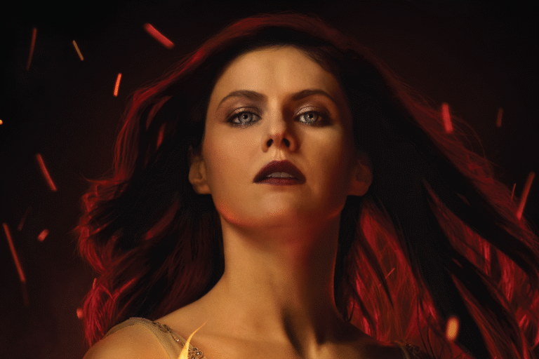 Alexandra Daddario as Rowan in "Mayfair Witches," with fiery red hair and intense gaze.