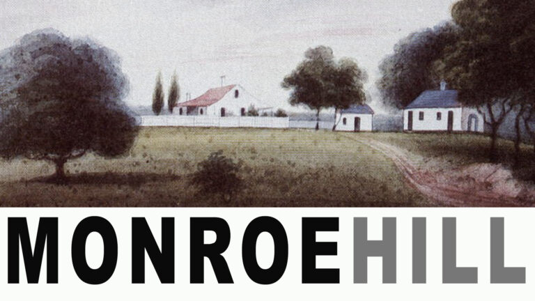 Monroe Hill landscape painting with a farm, outbuilding, trees, and a dirt road.