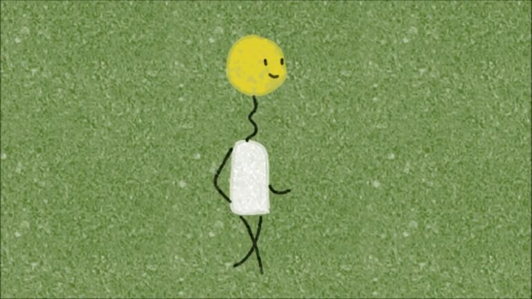 Cartoon of Mr. Balloon, a yellow balloon with a face on a green background.