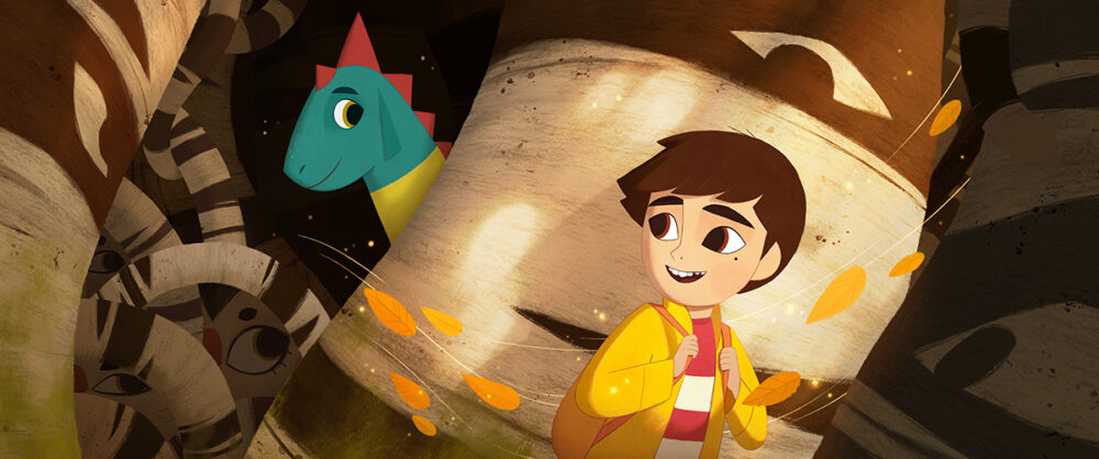 Boy in yellow jacket with dragon peering from behind trees. My Father's Dragon.