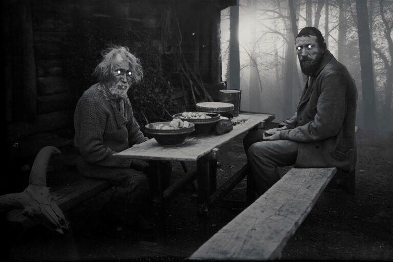 Creepy black and white photo of two men with glowing eyes sitting at a table in the woods.
