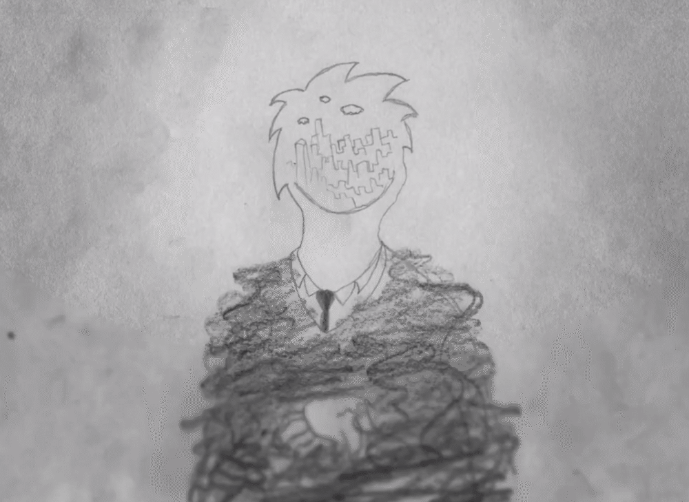 Pencil drawing of a person with a cityscape for a face, reflecting themes of optimism and pessimism.