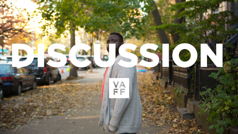 Discussion graphic featuring a man on a tree-lined street.