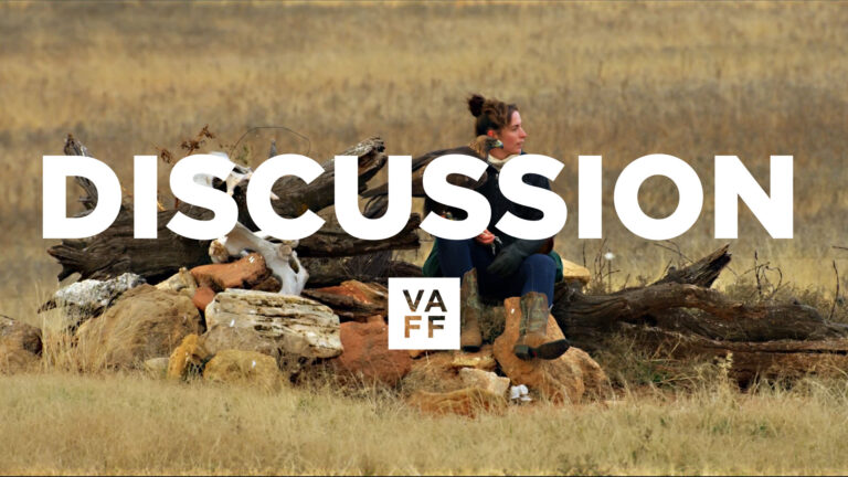 Discussion image: Woman sitting on rocks in a field. VAFF logo.