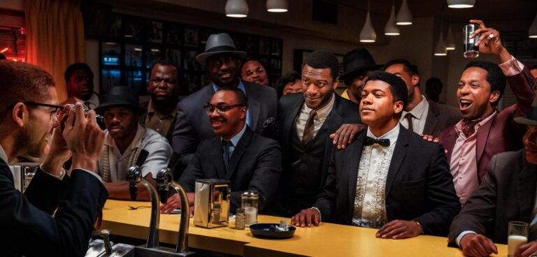 Cast of "One Night in Miami" at a bar, posing for a photo.