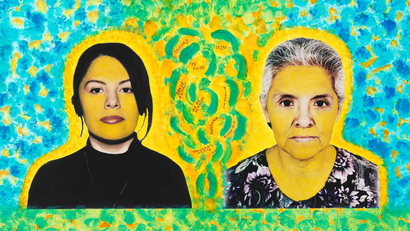 Painting of two women, mother and daughter, with text in Spanish. Prodigal Daughter blog content.