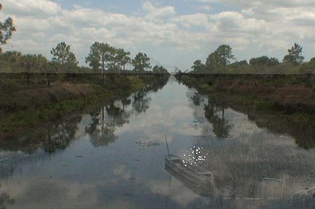 Serene canal scene with a small boat, reflecting trees and sky. A paradise of calm waters.