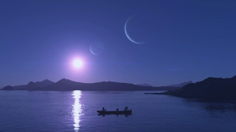 Two people in a canoe under a crescent moon and sun on a calm, purple lake.