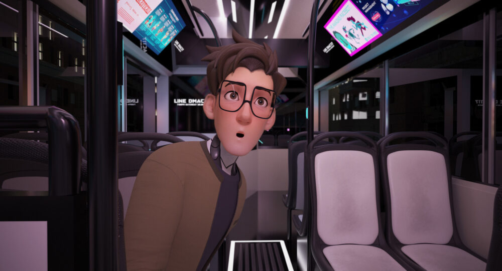 Cartoon man on a futuristic bus, looking surprised. "Line DMAC" visible.