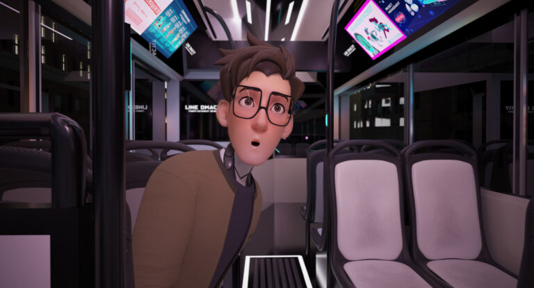 Cartoon man on a futuristic bus, looking surprised. "Line DMAC" visible.