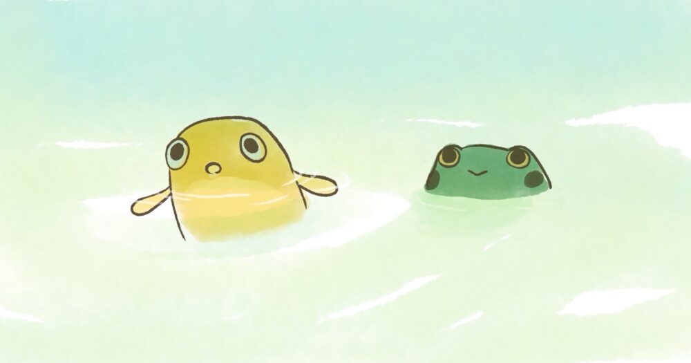 Koi and frog swimming together in water. "The Koi and the Frog.