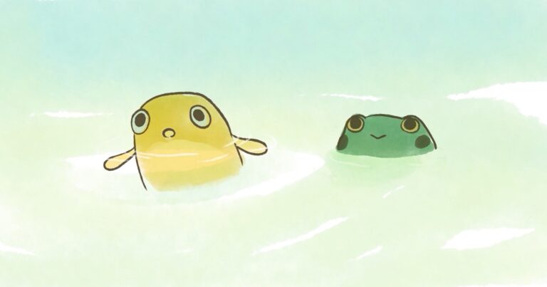 Koi and frog swimming together in water. "The Koi and the Frog.