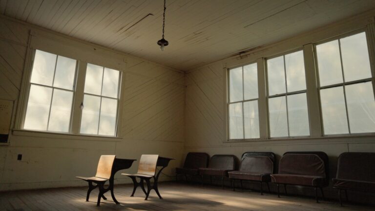 Empty desks and chairs in the old Pine Grove schoolhouse classroom, light streaming through the windows.