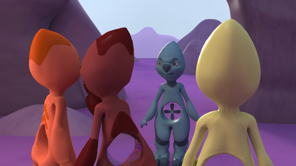 Colorful, alien-like characters stand in a surreal, otherworldly landscape in "Alienated.
