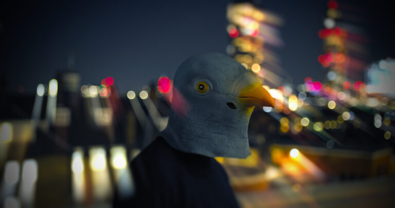 Person wearing a pigeon mask at night with city lights blurred in background.