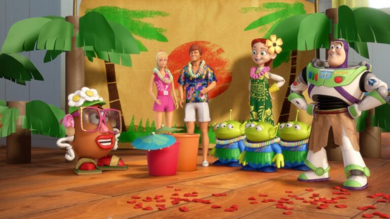 Toy Story Hawaiian vacation scene with Buzz, Jessie, and friends.