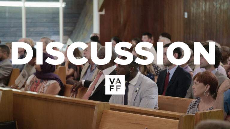 DISCUSSION with diverse audience in pews, VAFF logo