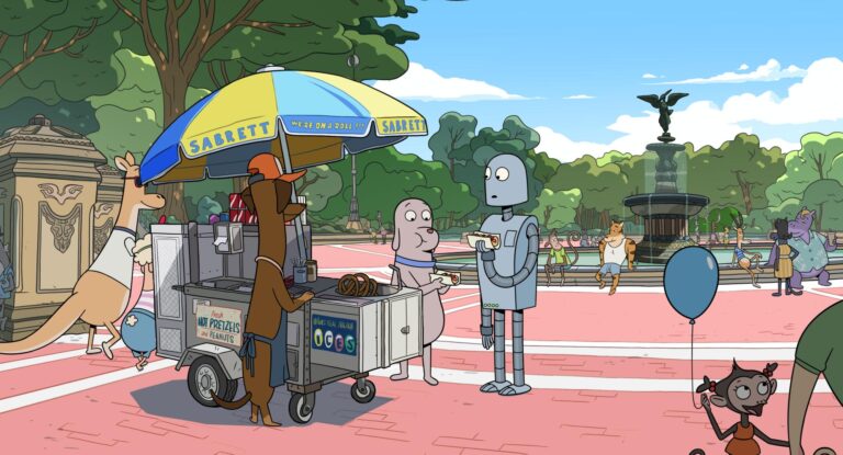 Cartoon scene of a robot buying a hot dog from a Sabrett stand in a park, with other cartoon animals around.