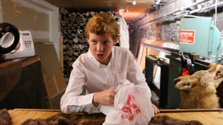 Young man with taxidermy projects, including a coyote.