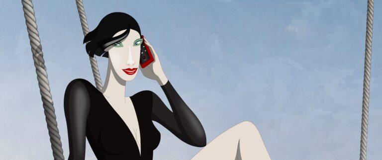 Animation of a stylish woman on a swing, talking on a red phone.