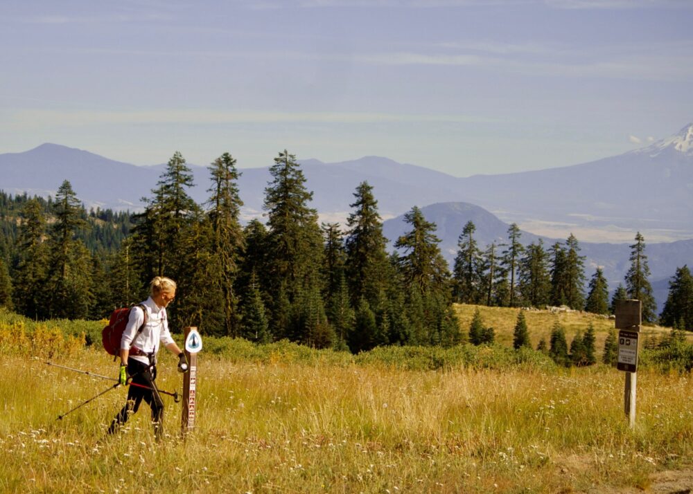 Hiker with red backpack on trail in mountain meadow, Mt. Hood in distance.