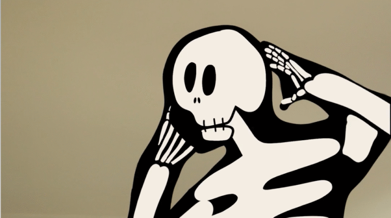 Cartoon skeleton with hand to head, as if thinking or confused.