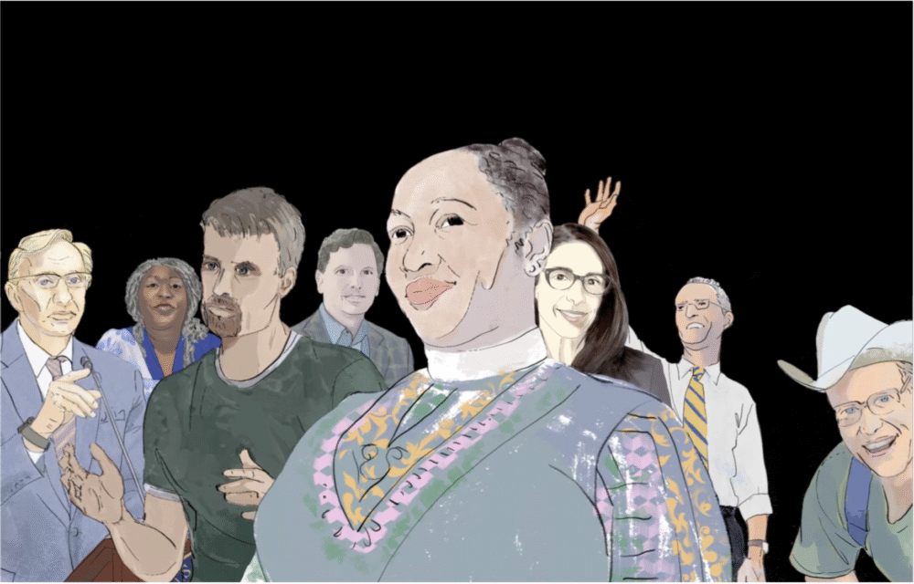 Illustration of diverse people, possibly discussing "God & Green.