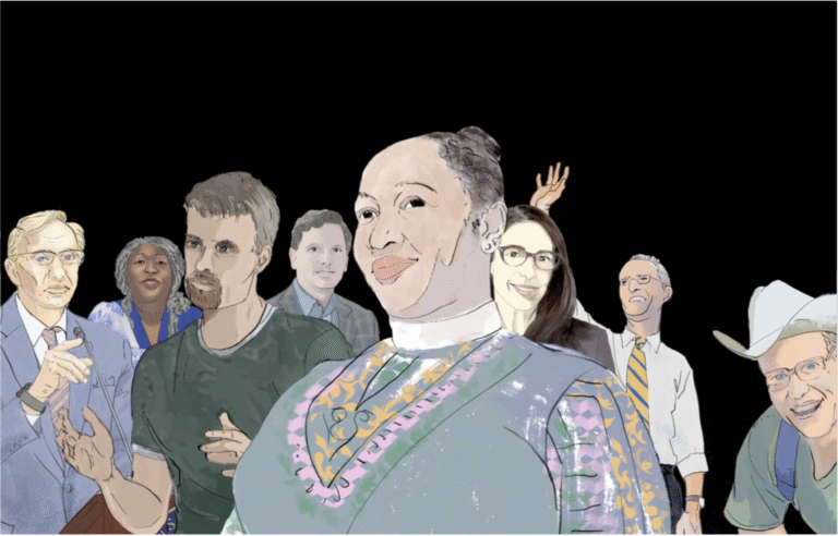 Illustration of diverse people, possibly discussing "God & Green.