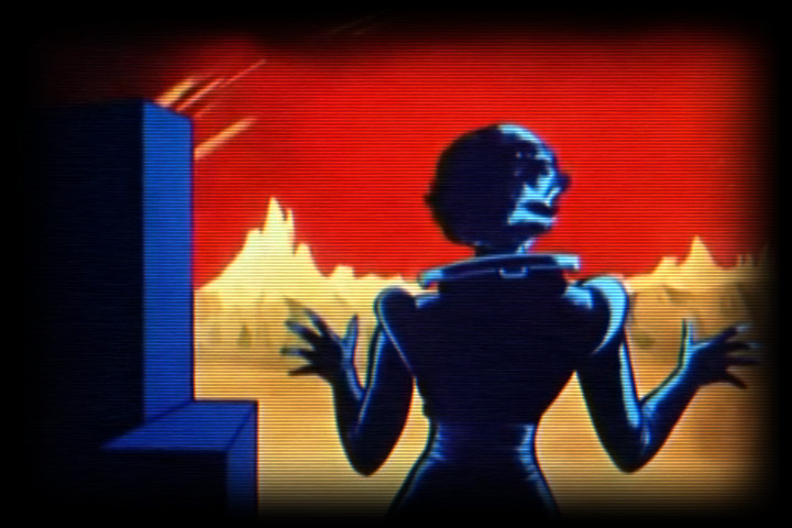 Retro sci-fi art of an alien figure with a red sky and jagged landscape.