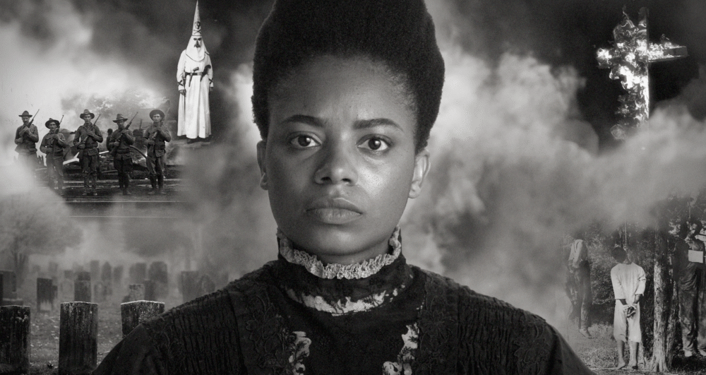 Black woman portrait with historical images of racial violence, KKK, and lynching.