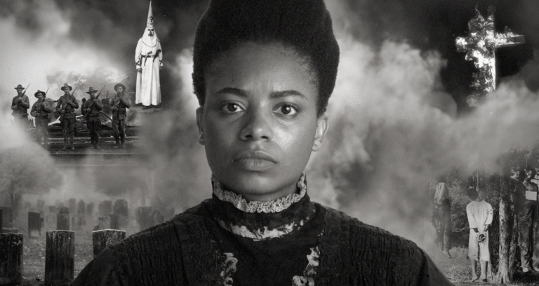 Black woman portrait with historical images of racial violence, KKK, and lynching.