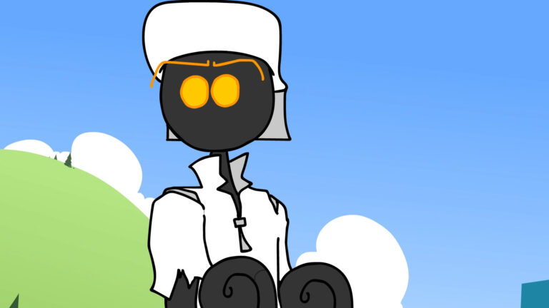 Cartoon beekeeper character with glowing eyes in a white suit against a blue sky.