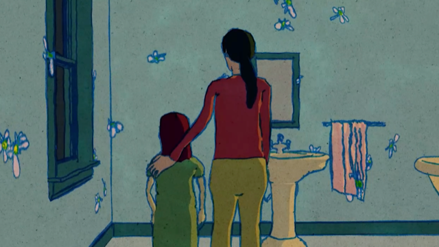 Animated image of a mother and child in a bathroom filled with flies.