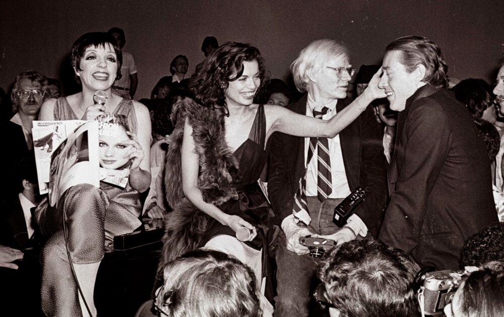 Liza Minnelli, Bianca Jagger, Andy Warhol, and Halston at Studio 54.