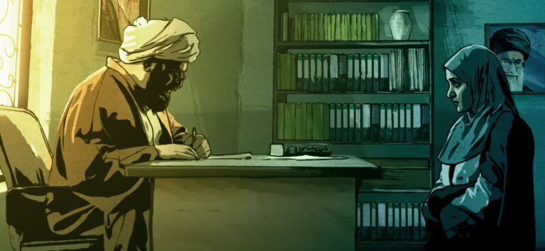 Illustration of an Iranian cleric with woman in hijab.