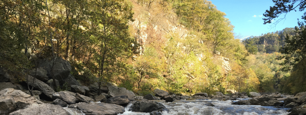 Rapids flow through a rocky gorge with fall foliage.