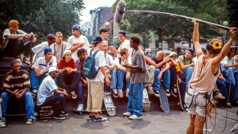 Film set with young actors and crew, possibly for "The Kids" movie.