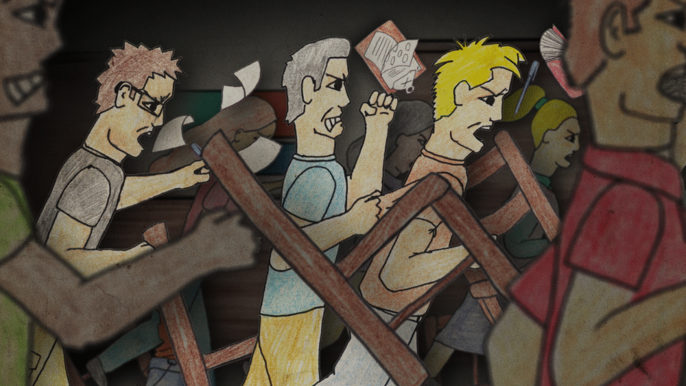Cartoon drawing of a chaotic scene with people fighting with chairs; possibly related to "The Last Stop.