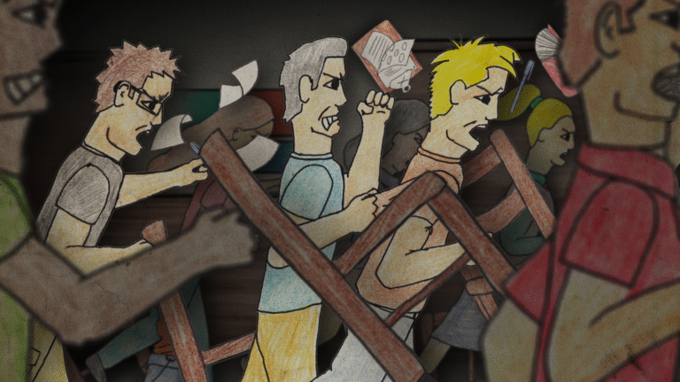 Cartoon drawing of a chaotic scene with people fighting with chairs; possibly related to "The Last Stop.