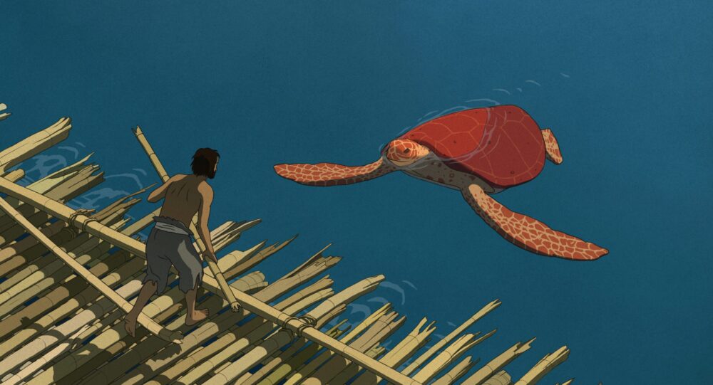 Man on a bamboo raft encounters a large red turtle in the ocean.