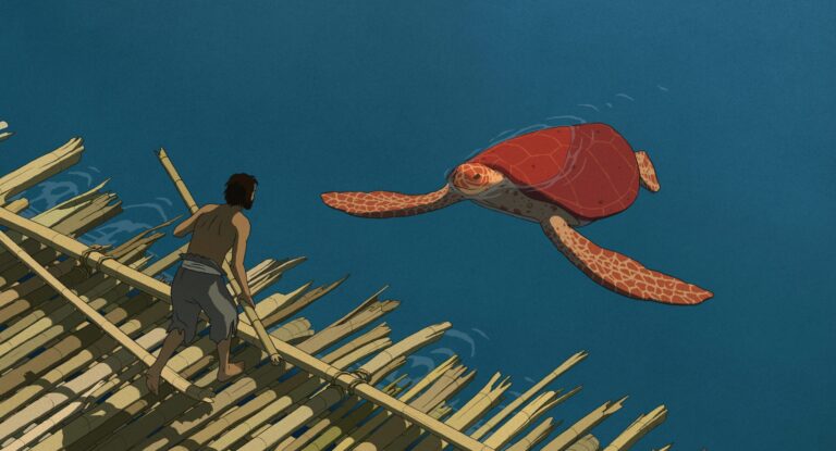 Man on a bamboo raft encounters a large red turtle in the ocean.
