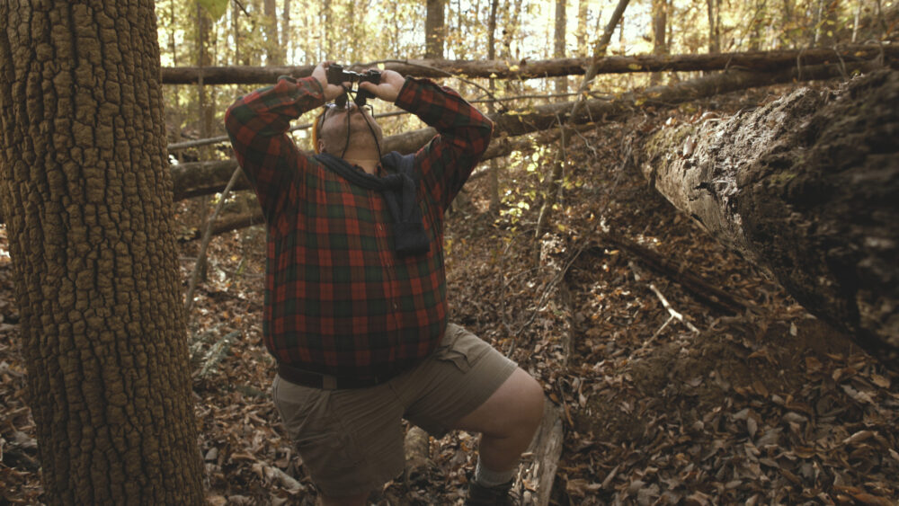Man birdwatching with binoculars in a dense forest.